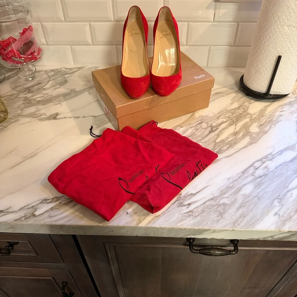 Christian Louboutin Vibrant Red Suede Heels - Picture 5 of 7